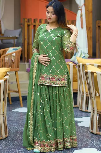 Green chinon silk party wear embroidery sharara suit set