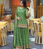 Green chinon silk party wear embroidery sharara suit set
