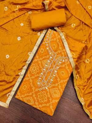 women's mustard unstitched jam cotton dress material with bandhani printed dupatta 4