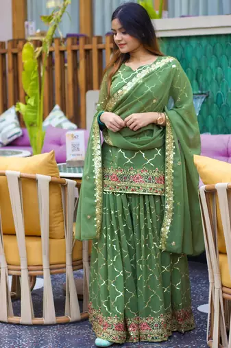 Green chinon silk party wear embroidery sharara suit set