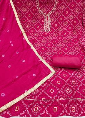 women's magenta unstitched jam cotton dress material with bandhani printed dupatta 2