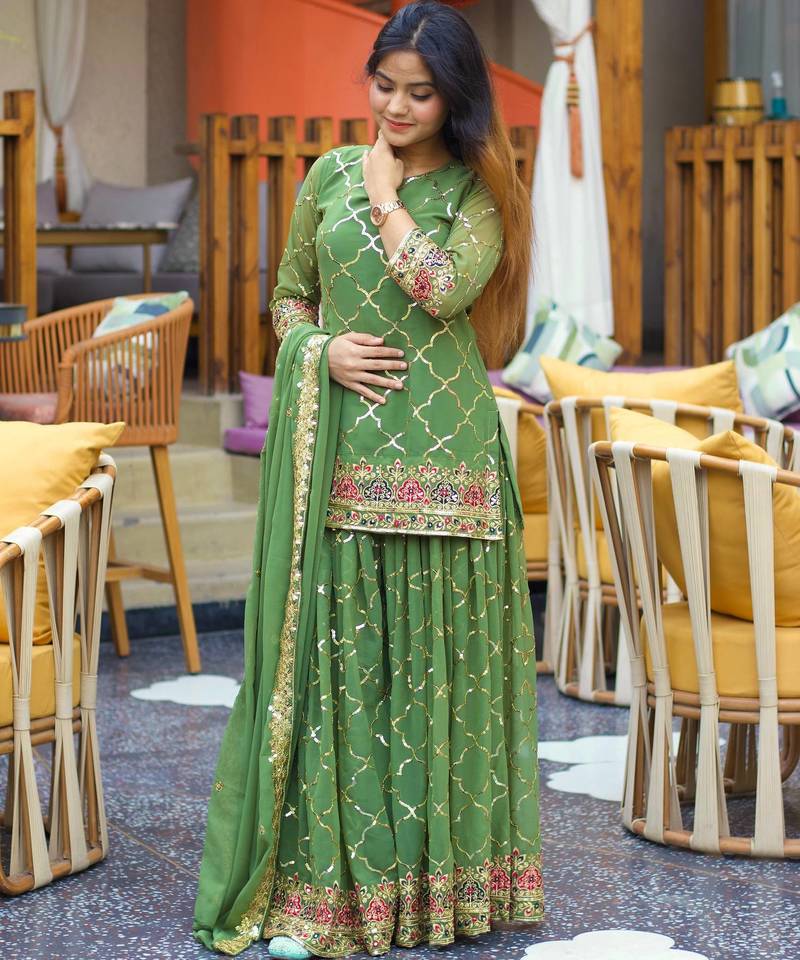 Green chinon silk party wear embroidery sharara suit set