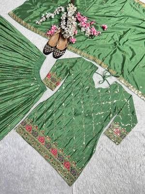 Green chinon silk party wear embroidery sharara suit set 4