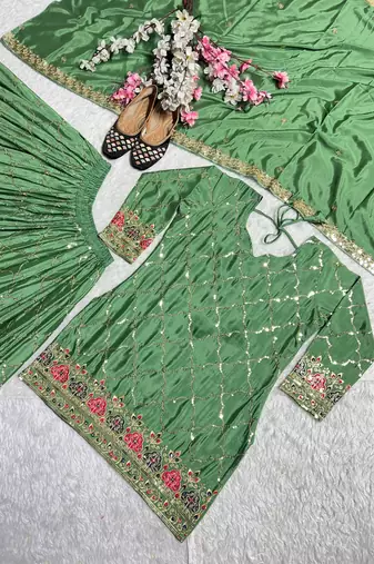 Green chinon silk party wear embroidery sharara suit set