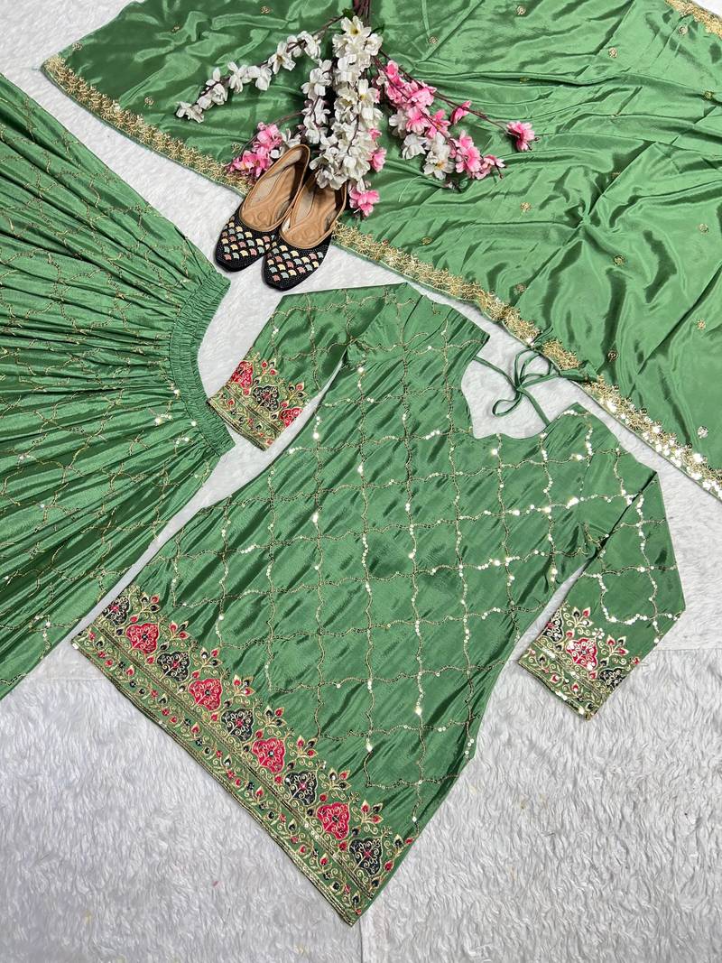 Green chinon silk party wear embroidery sharara suit set