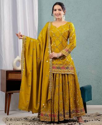 Yellow chinon silk party wear embroidery sharara suit set 1