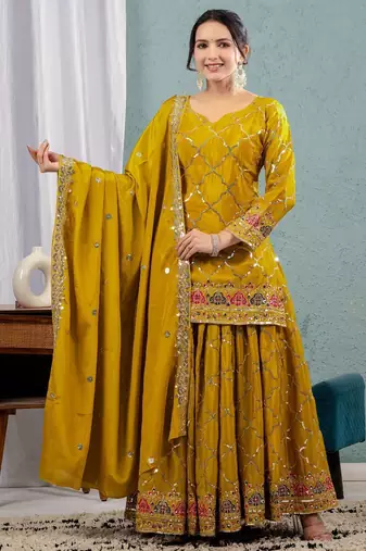 Yellow chinon silk party wear embroidery sharara suit set