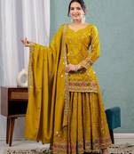 Yellow chinon silk party wear embroidery sharara suit set