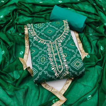 women's green unstitched jam cotton dress material with bandhani printed dupatta 1
