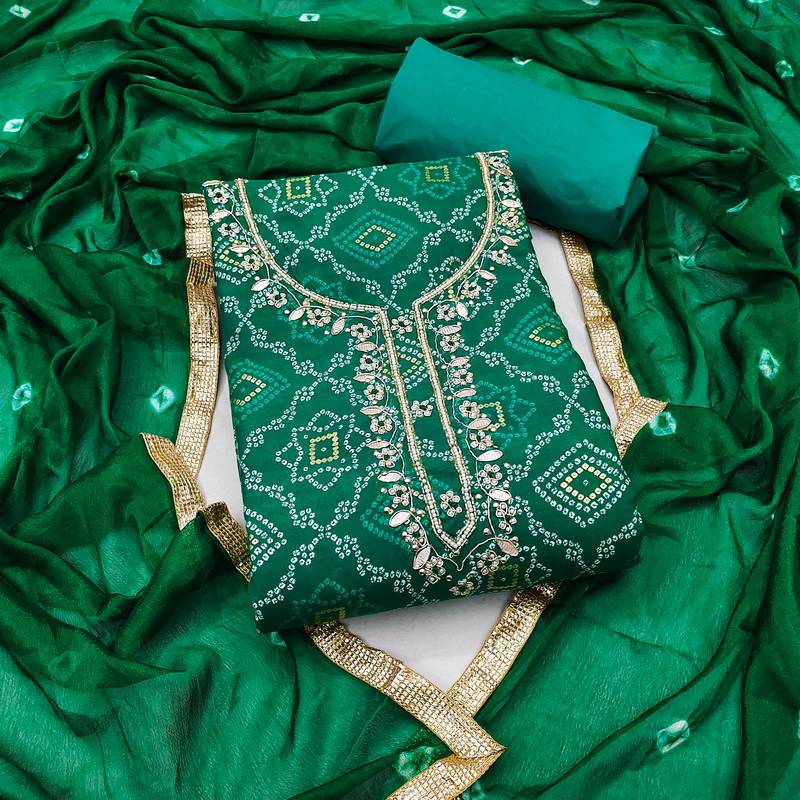 women's green unstitched jam cotton dress material with bandhani printed dupatta