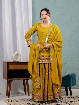 Yellow chinon silk party wear embroidery sharara suit set 2