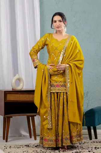 Yellow chinon silk party wear embroidery sharara suit set