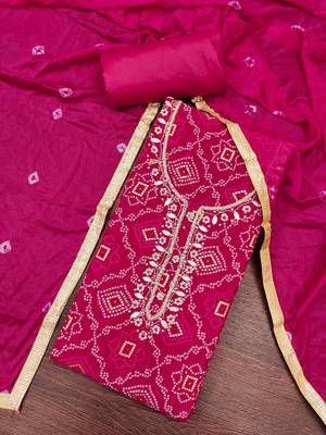 women's magenta unstitched jam cotton dress material with bandhani printed dupatta 4