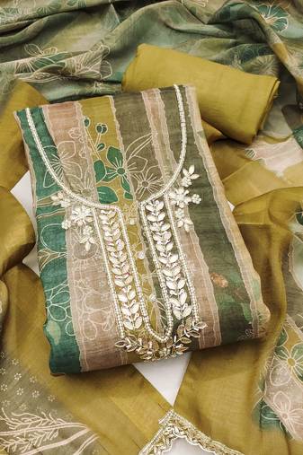 women's multi unstitched cotton linen simmer dress material with printed dupatta