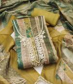 women's multi unstitched cotton linen simmer dress material with printed dupatta