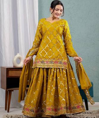 Yellow chinon silk party wear embroidery sharara suit set 3
