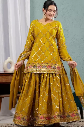 Yellow chinon silk party wear embroidery sharara suit set