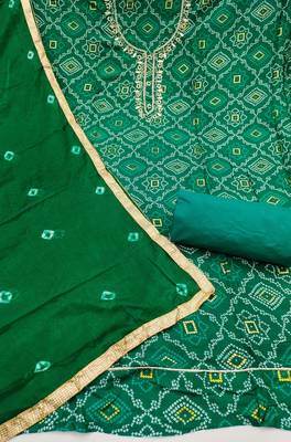 women's green unstitched jam cotton dress material with bandhani printed dupatta 2