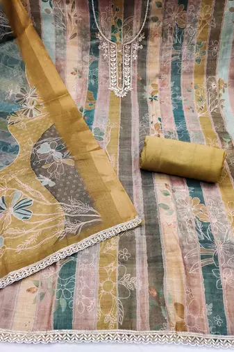 women's multi unstitched cotton linen simmer dress material with printed dupatta