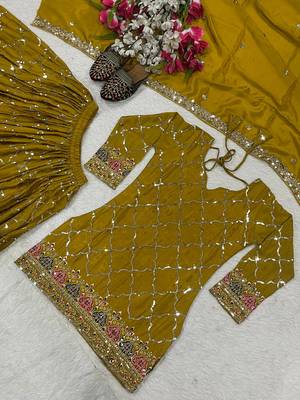 Yellow chinon silk party wear embroidery sharara suit set 4