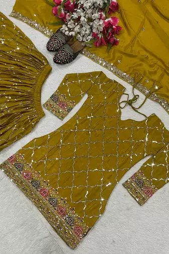 Yellow chinon silk party wear embroidery sharara suit set