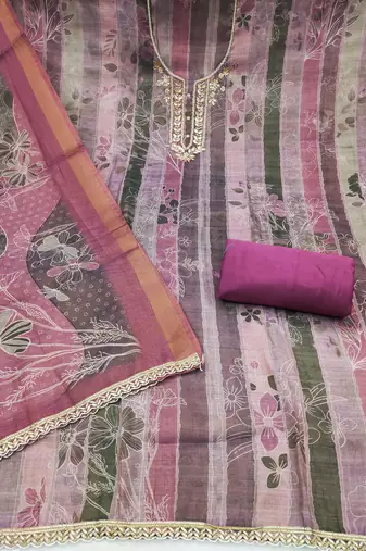 women's multi unstitched cotton linen simmer dress material with printed dupatta
