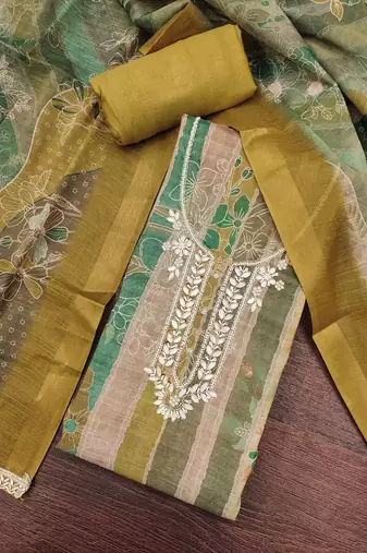 women's multi unstitched cotton linen simmer dress material with printed dupatta