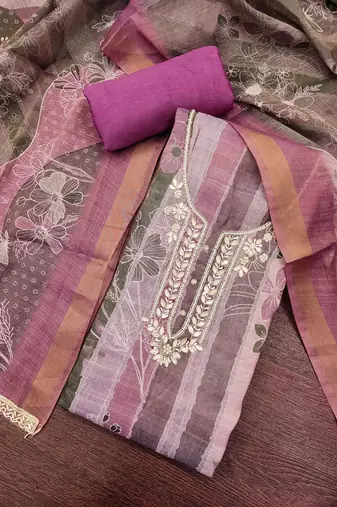 women's multi unstitched cotton linen simmer dress material with printed dupatta