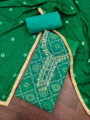 women's green unstitched jam cotton dress material with bandhani printed dupatta 4