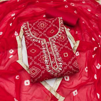 women's red unstitched jam cotton dress material with bandhani printed dupatta 1