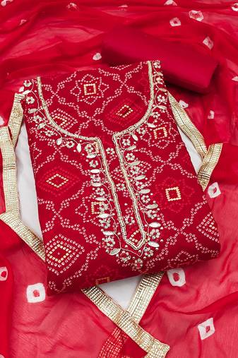 women's red unstitched jam cotton dress material with bandhani printed dupatta