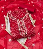 women's red unstitched jam cotton dress material with bandhani printed dupatta