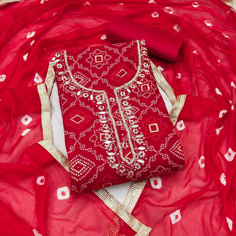 women's red unstitched jam cotton dress material with bandhani printed dupatta