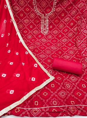 women's red unstitched jam cotton dress material with bandhani printed dupatta 2