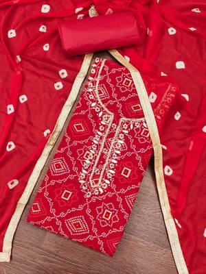 women's red unstitched jam cotton dress material with bandhani printed dupatta 4