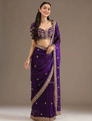 Bewitching purple tissue silk zari and sequins embroidered indian latest design bollywood saree 3