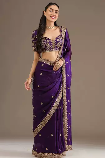 Bewitching purple tissue silk zari and sequins embroidered indian latest design bollywood saree