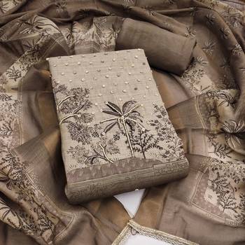 women's grey unstitched pure cotton linen simmer dress material & printed dupatta 1