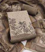 women's grey unstitched pure cotton linen simmer dress material & printed dupatta