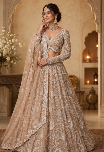 beige color Flower Embroidery Pattern Crystal Bead Sequence crafted Cotton thread work net Lehenga choli set