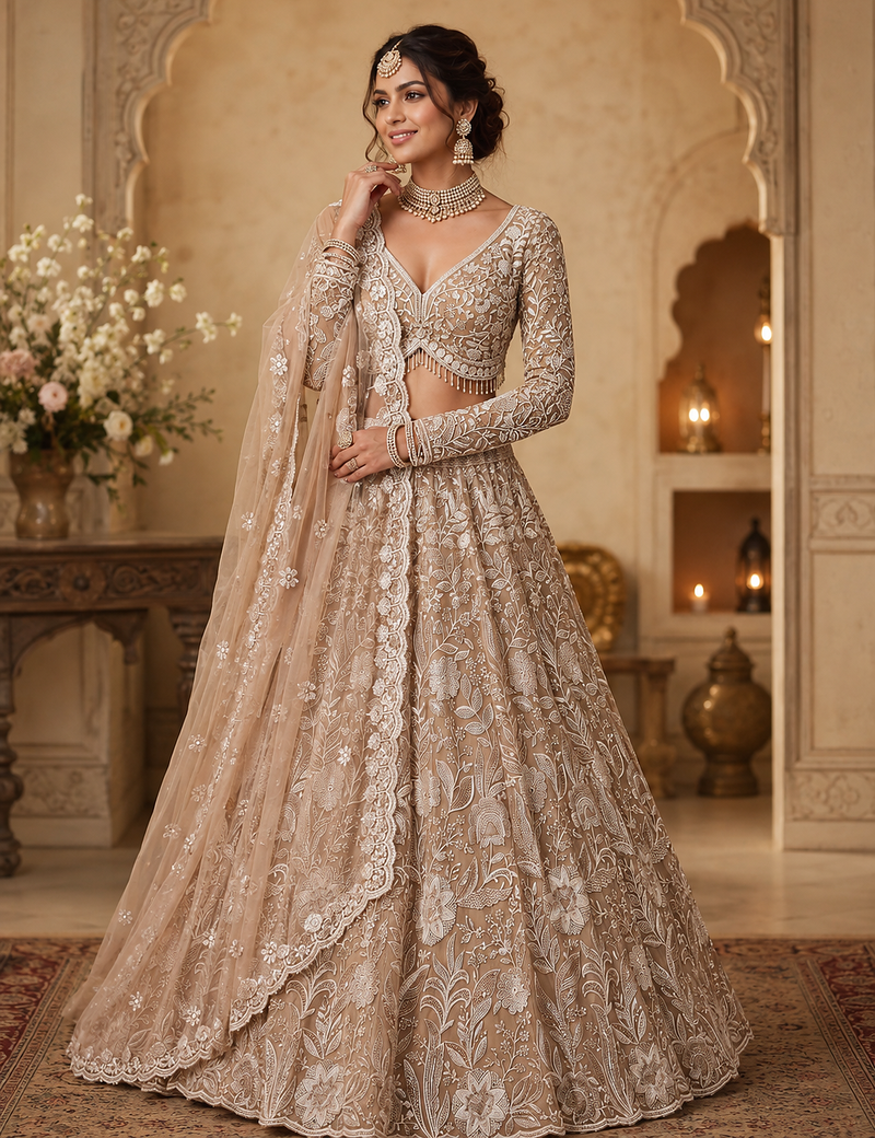 beige color Flower Embroidery Pattern Crystal Bead Sequence crafted Cotton thread work net Lehenga choli set