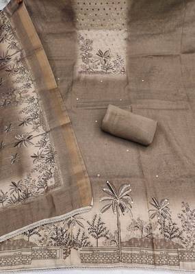 women's grey unstitched pure cotton linen simmer dress material & printed dupatta 2