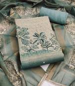 women's mist green unstitched cotton linen simmer dress material & printed dupatta