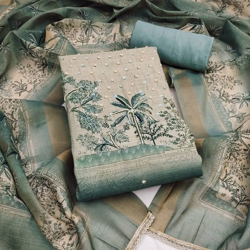 women's mist green unstitched cotton linen simmer dress material & printed dupatta