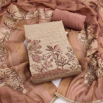 women's mauve brown unstitched cotton simmer dress material & printed dupatta 1