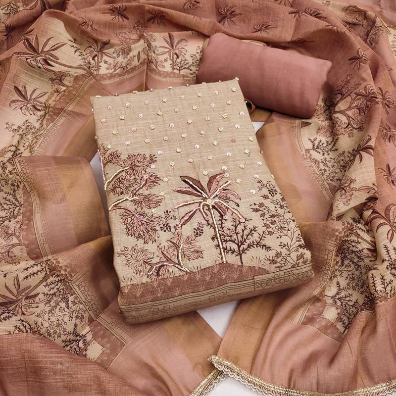 women's mauve brown unstitched cotton simmer dress material & printed dupatta