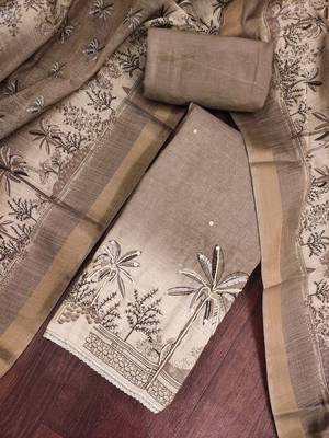 women's grey unstitched pure cotton linen simmer dress material & printed dupatta 4