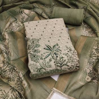 women's olive green unstitched cotton simmer dress material & printed dupatta 1