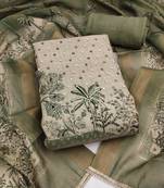 women's olive green unstitched cotton simmer dress material & printed dupatta