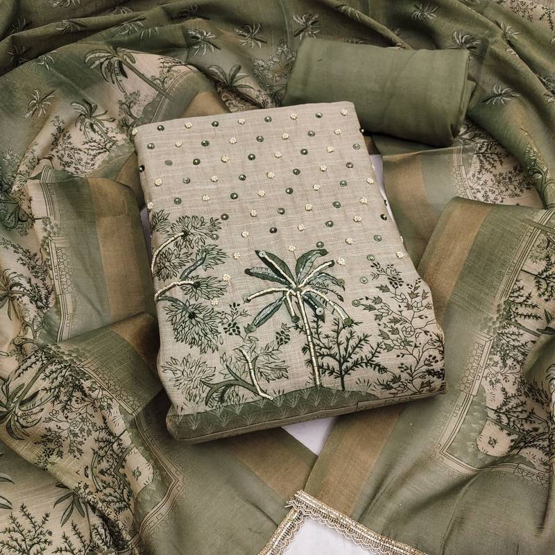 women's olive green unstitched cotton simmer dress material & printed dupatta